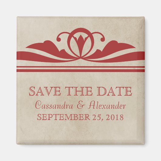 Rode Elegante Deco Save the Date magneet (Voorkant)