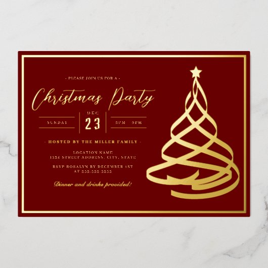 Rode Elegante Gouden Boom Kerstfeest Folie Uitnodiging (Voorkant)