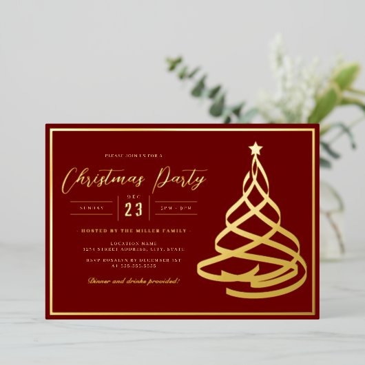 Rode Elegante Gouden Boom Kerstfeest Folie Uitnodiging (Staand Voorkant)