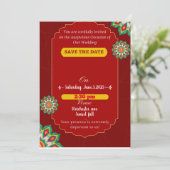 Rode elegante Indiaanse bruiloft, behalve de datum Kaart (Staand voorkant)