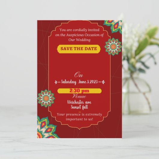 Rode elegante Indiaanse bruiloft, behalve de datum Kaart (Staand voorkant)