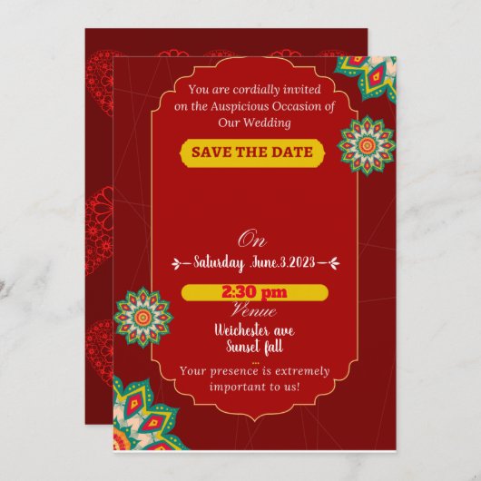 Rode elegante Indiaanse bruiloft, behalve de datum Kaart (Voorkant / Achterkant)