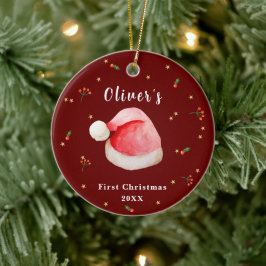 Rode Elegante Kerstman Hoed Baby's Eerste Kerstmis Keramisch Ornament