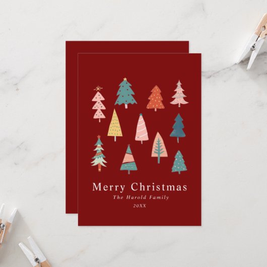 Rode Elegante Niet Foto Kerstbomen Kaart (Voorkant / Achterkant in situ)