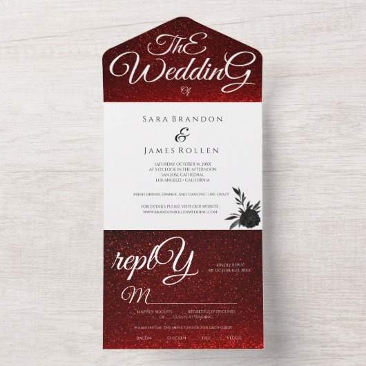 Rode Elegante Romantische Kalligrafie De Bruiloft All In One Uitnodiging (Binnen)