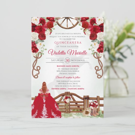 Rode Elegante Rustieke Westerne Charro Quinceanera Kaart (Staand voorkant)