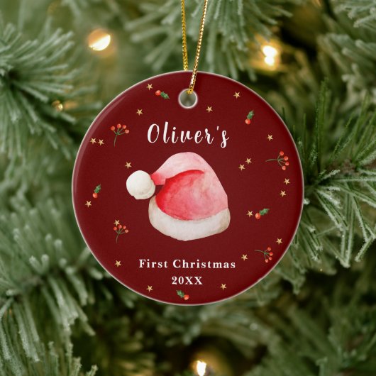 Rode Elegante Santa Hat Baby's Eerste Kerstmis Keramisch Ornament (Boom)