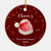Rode Elegante Santa Hat Baby's Eerste Kerstmis Keramisch Ornament (Voorkant)