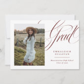 Rode Elegante Script Foto Afstudeer Uitnodiging (Voorkant)