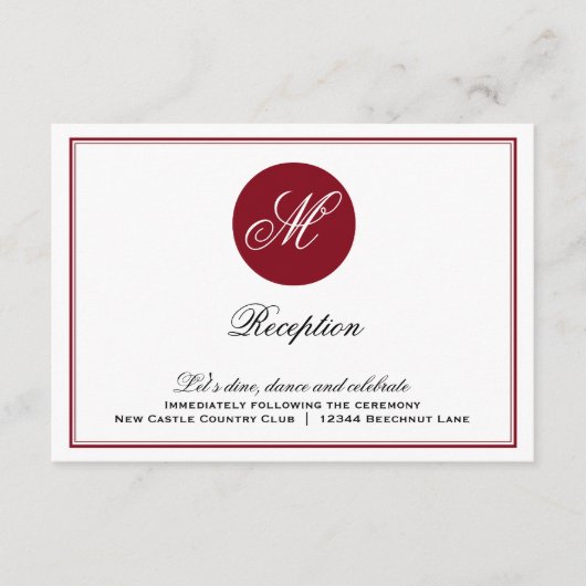 Rode Elegante Script Monogram Ontvarkaart Informatiekaartje (Voorkant)