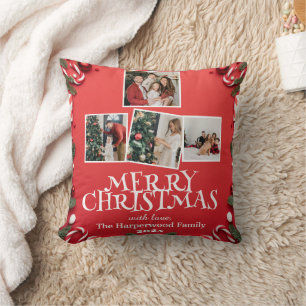 Rode Elegante Vrolijk Kerstmis Familie Fotocollag Kussen