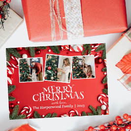 Rode Elegante Vrolijke Kerstmis Familie Fotocollag Folie Feestdagenkaart