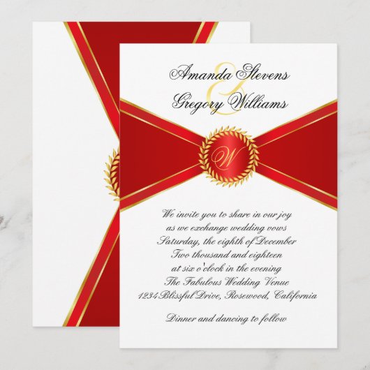 Rode Elegantie Monogram Bruiloft Kaart (Voorkant / Achterkant)