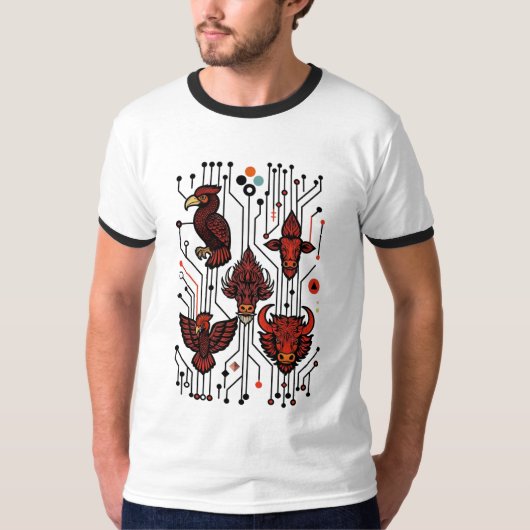 Rode elektronische circuits in dieren t-shirt (Voorkant)