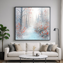 Rode en Besneeuwde Bos - Impressionistische Kunst Poster