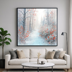 Rode en Besneeuwde Bos - Impressionistische Kunst Poster