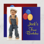 Rode en blauwe ballonnen verjaardagsfeestje voor j kaart (Voorkant / Achterkant)