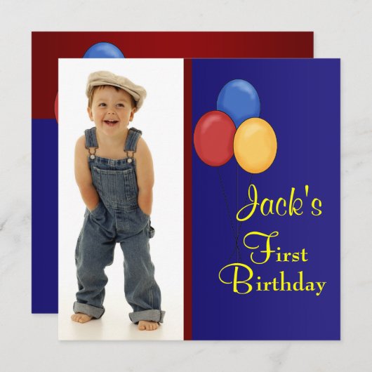 Rode en blauwe ballonnen verjaardagsfeestje voor j kaart (Voorkant / Achterkant)