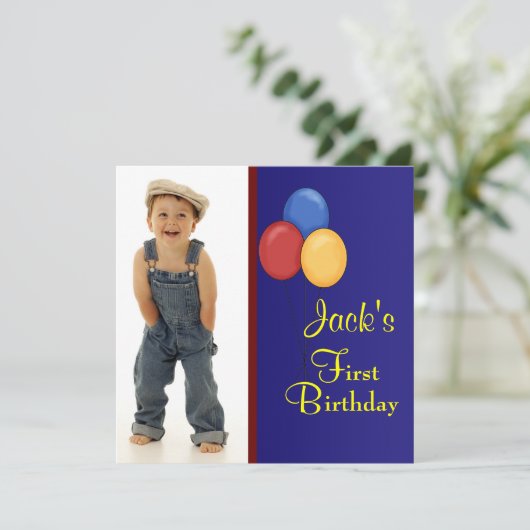 Rode en blauwe ballonnen verjaardagsfeestje voor j kaart (Staand voorkant)