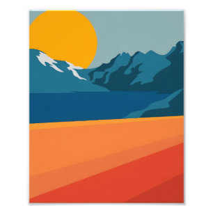  rode en blauwe bergkunst - Retrolandschap Foto Afdruk