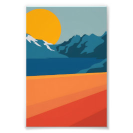  rode en blauwe bergkunst - Retrolandschap Foto Afdruk