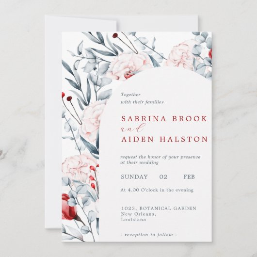 Rode en blauwe bloem bloemenboog bruiloft kaart (Voorkant)