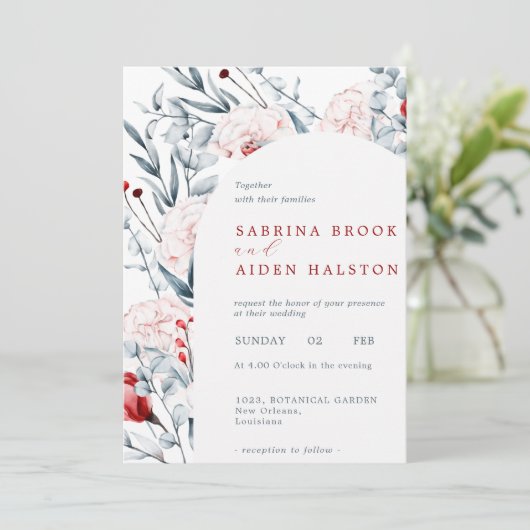 Rode en blauwe bloem bloemenboog bruiloft kaart (Staand voorkant)