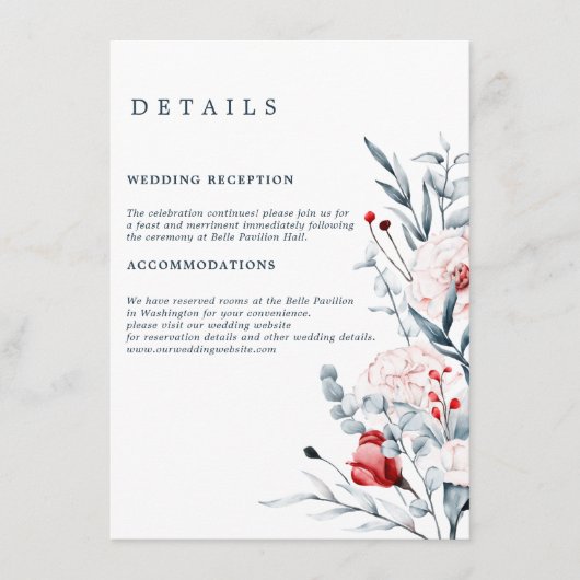 Rode en Blauwe Bloem Bloemstuk Bruiloft Details Informatiekaartje (Voorkant)