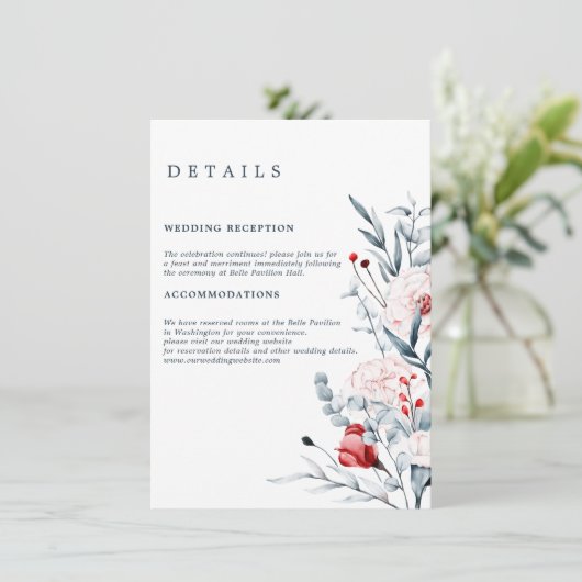 Rode en Blauwe Bloem Bloemstuk Bruiloft Details Informatiekaartje (Staand voorkant)