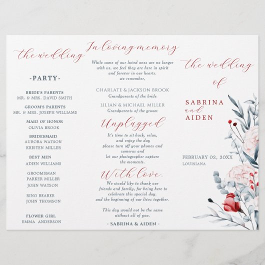 Rode en Blauwe Bloemen Bloemen Trouwprogramma (Voorkant)