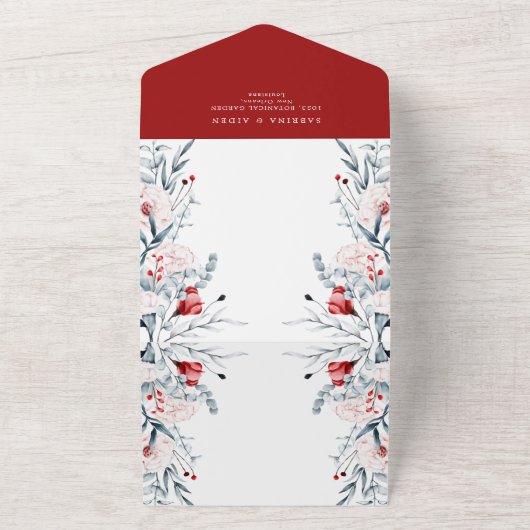 Rode en blauwe bloemen bruiloft all in one uitnodiging (Buitenkant)