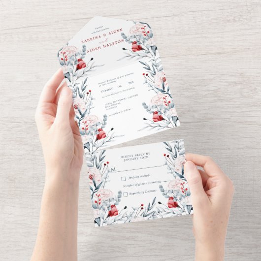 Rode en blauwe bloemen bruiloft all in one uitnodiging (Afscheurbaar)