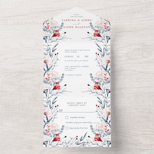 Rode en blauwe bloemen bruiloft all in one uitnodiging (Binnen)