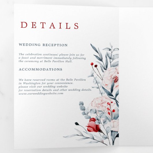 Rode en blauwe bloemen bruiloft drieluik aankondiging (Binnenzijde eerst)