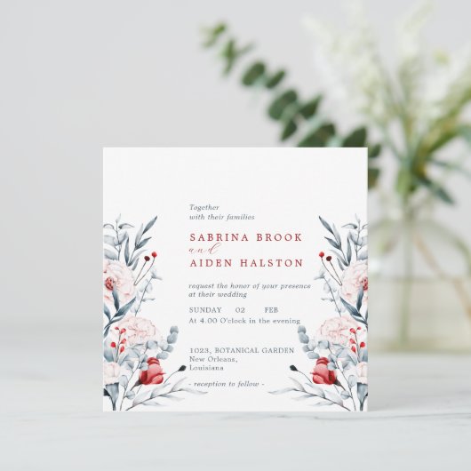 Rode en blauwe bloemen bruiloft kaart (Staand voorkant)