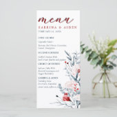 Rode en blauwe bloemen bruiloft menu (Staand voorkant)