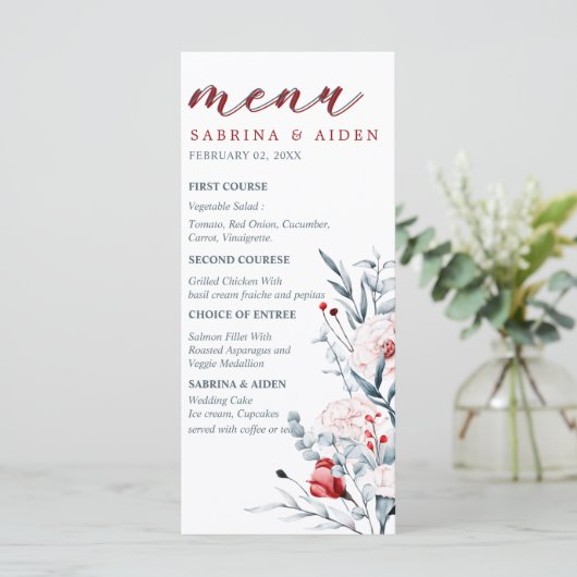 Rode en blauwe bloemen bruiloft menu (Staand voorkant)