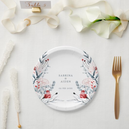 Rode en blauwe bloemen bruiloft papieren bordje (Huwelijk)
