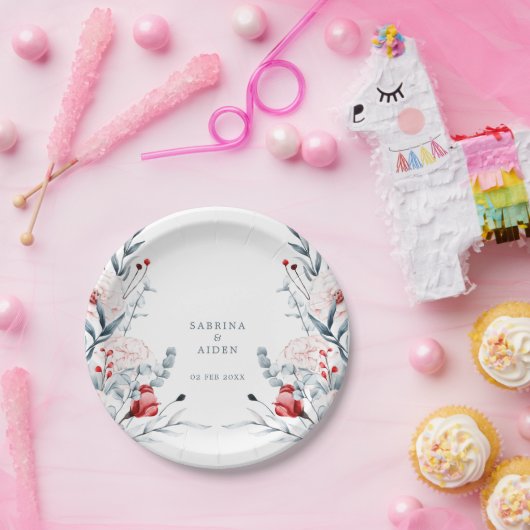 Rode en blauwe bloemen bruiloft papieren bordje (Feest)