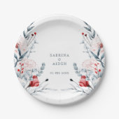 Rode en blauwe bloemen bruiloft papieren bordje (Voorkant)