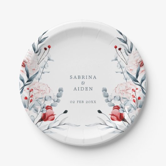 Rode en blauwe bloemen bruiloft papieren bordje (Voorkant)