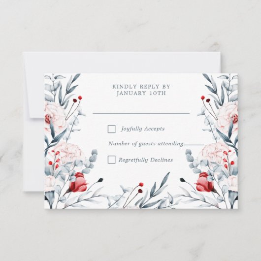 Rode en blauwe bloemen bruiloft RSVP kaartje (Voorkant)