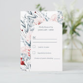 Rode en blauwe bloemen bruiloft RSVP kaartje (Staand voorkant)