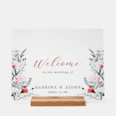 Rode en blauwe bloemen bruiloft welkom acryl bord (Voorkant)