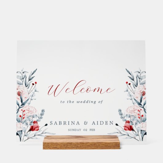 Rode en blauwe bloemen bruiloft welkom acryl bord (Voorkant)