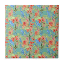 Rode en blauwe bloemen en groene bladeren tegeltje