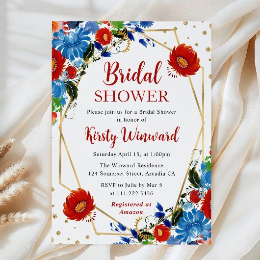 Rode en Blauwe Bloemen Frame Bruidsshower Kaart