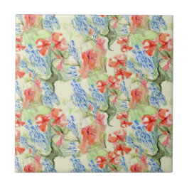 Rode en blauwe bloemen in retro stijl tegeltje