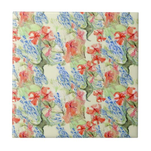 Rode en blauwe bloemen in retro stijl tegeltje (Voorkant)