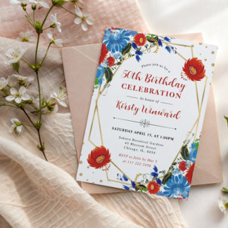 Rode en Blauwe Bloemen Kader 50e Verjaardag Kaart